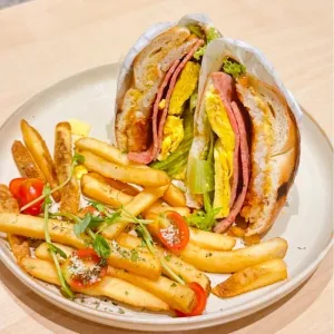 Farmer's Beef Salami Bagel Meal with fries