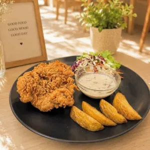 Crispy Chicken Steak With Side Dish And Salad