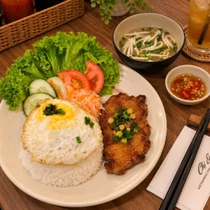 cơm sườn nướng ốp la Oyster Porridge 烤排骨炒蛋饭